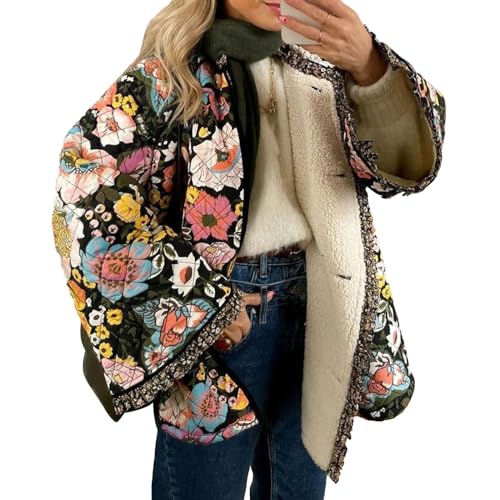 bebiullo Women Casual Floral Quilted Jacket Lightweight Long Sleeve Button Cardigan Ethnic Quilted Coat Vintage Winter Outwear (Multicolor, XXXL)