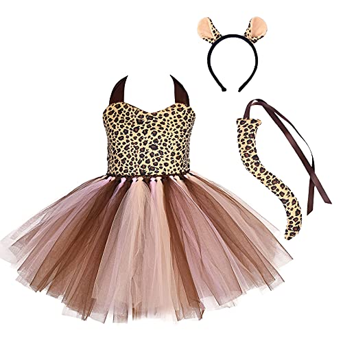 FYMNSI Toddler Kid Girl Jungle Safari Animals Party Dress up Leopard Costume Ears Headband Tail Woodland?Forest Themed Cosplay Birthday Outfit Baby Halloween Cosplay Photo Shoot Brown - Leopard 3-4T