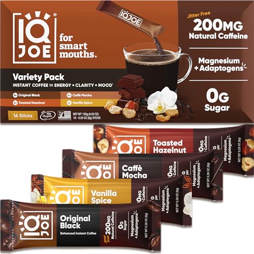 IQJOE Instant Mushroom Coffee Packets with Lion’s Mane and Magtein Magnesium L-Threonate - New Variety Pack - Clarity and Mood Enhancing - Sugar Free, Keto, Vegan - 200mg Natural Caffeine - 16 Count