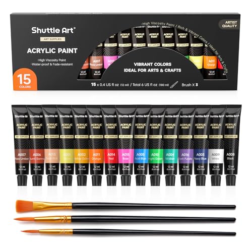 Shuttle Art Acrylic Paint Set, 15 x 12ml Tubes Artist Quality Non Toxic Rich Pigments Colors Perfect for Kids Adults Beginners Artists Painting on Canvas Wood Clay Fabric Ceramic Crafts