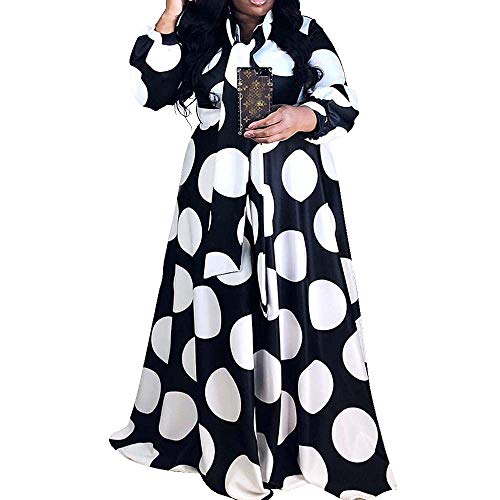 VERWIN Plus Size Floor-Length Dots Print Long Sleeve Women's Maxi Dress Prom Dress with Pockets 4XL Black