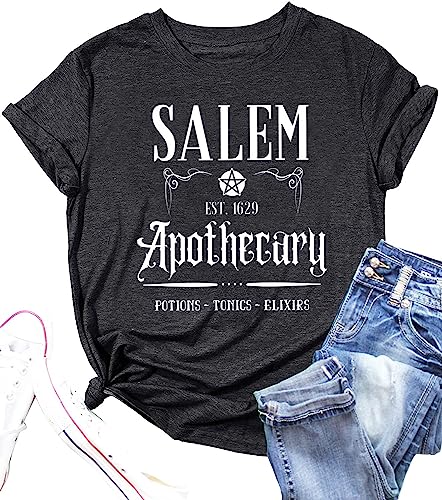 Salem T-Shirt Women Halloween Witch Sisters Shirt Salem Witch Shirt Fall Holiday Tees Casual Short Sleeve Tops (L, Gray)