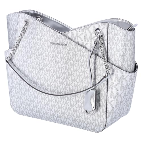 Michael Kors Jet Set Travel Large Chain Shoulder Tote Metallic Signature MK Bag (Silver)