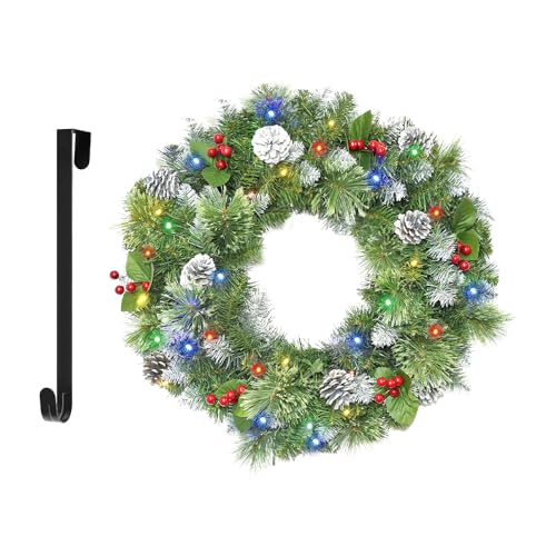 Christmas Wreaths for Front Door 24In - Pre Lit Artificial Christmas Wreath with 40 LEDs 8 Models Light, Timer, Hanger, Battery Operated Christmas Wreath for Mantel Wall Windows Xmas Decoration