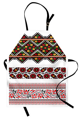 Lunarable Ukrainian Apron, Classical Ukrainian Colorful Floral Arrangement Geometric Rhombuses and Squares, Unisex Kitchen Bib with Adjustable Neck for Cooking Gardening, Adult Size, Red Green