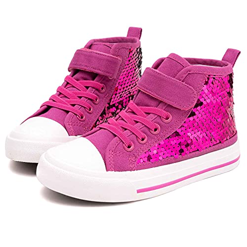 Toandon Girls Kids Canvas Shoes Sneakers for Toddler Color Change Flipping Sequins Glitter Sparkle Slip On High Top Adjustable Hook Loop Straps Velcro Non-Slip Lightweight Walking Pink Size 11