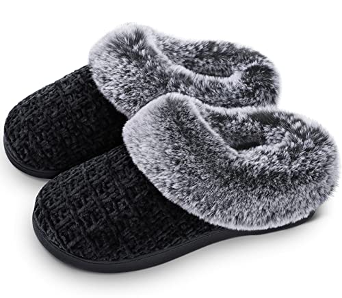 Women's House Slippers with Fuzzy Plush Faux Fur Collar, Memory Foam Slip on House Shoes with Indoor Outdoor Anti-Skid Rubber Sole, Black, 7-8