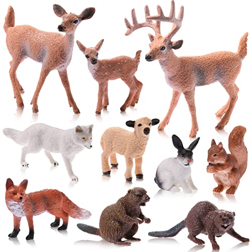 Chalyna 10 Pieces Forest Animals Figures Miniature Woodland Animal Figurines Small Squirrel Beaver Rabbit Deer Family Educational Playset Toys Cake Toppers for Graduation Gift Birthday Party Supplies