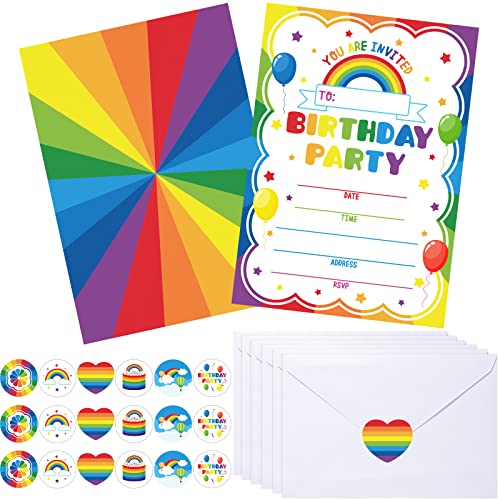Pajean 30 Pack Rainbow Kids Birthday Party Invitations for Boys Girls with 30 White Envelopes and 30 Rainbow Seal Stickers Birthday Party Invitations Cards