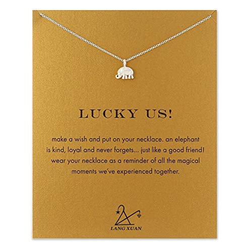 LANG XUAN Friendship Elephant Necklace Good Luck Butterfly Pendant Chain Necklace with Message Card Gift Card for Women Girl (Silver Elephant)
