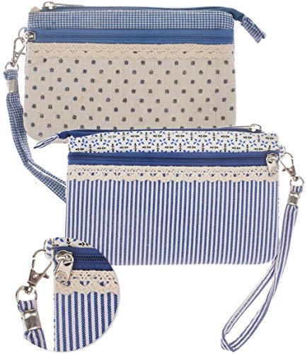 2pcs Set Kit Beauty Make Up Cosmetics and Toiletries Bags Cases Holders Makeup Tools Nail Care Utensils Organizers Wallets Pouches In Blue Color With Flowers, Stripes and Double Zippers