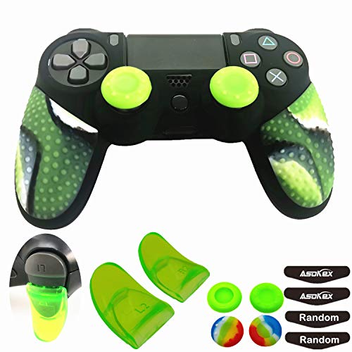 Silicone Skin Cover for Ps4 Slim/Pro DualShock Controller(1pc Anti-Slip Case, 1 Pair L2 R2 Trigger Extender, 4pcs Thumb Grips,4pcs LED Light Bar Protector Decal)(Double Green granular)