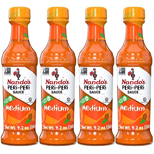 Nandos Peri Peri Sauce Medium 4 Pack - Spicy Sauces, Seasoning or Marinade for Wings, Fish, Meat, Rice or Veg - No Artificial Colors, Flavors, Non-GMO, No MSG, Gluten Free - x4, 9.2 Oz Medium