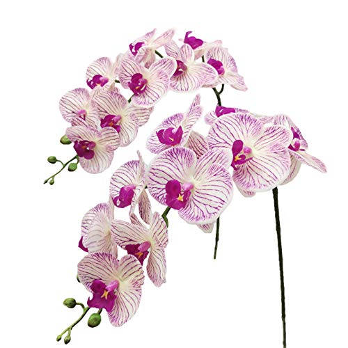 Fnize Faux Orchid Stems Artificial Flowers Phalaenopsis 38 Inch 2pcs Real Touch Latex 9 Large Petals Purple Pattern