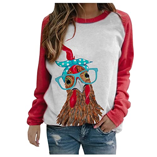 Womens Christmas Chickens Print Sweatshirts Long Sleeve O-neck Solid Color Splicing Casual Tops Pullover