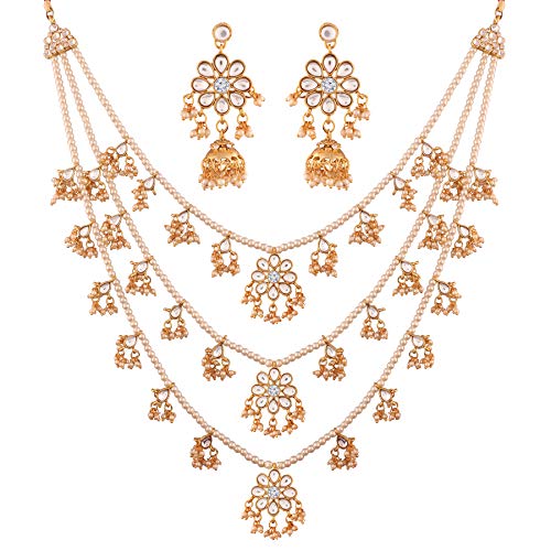 I Jewels 18K Gold Plated Traditional Indian Bollywood Faux Pearl Three Layered Kundan Fancy Party/Wedding Wear Jewelry Necklace Set for Women (M4094W)