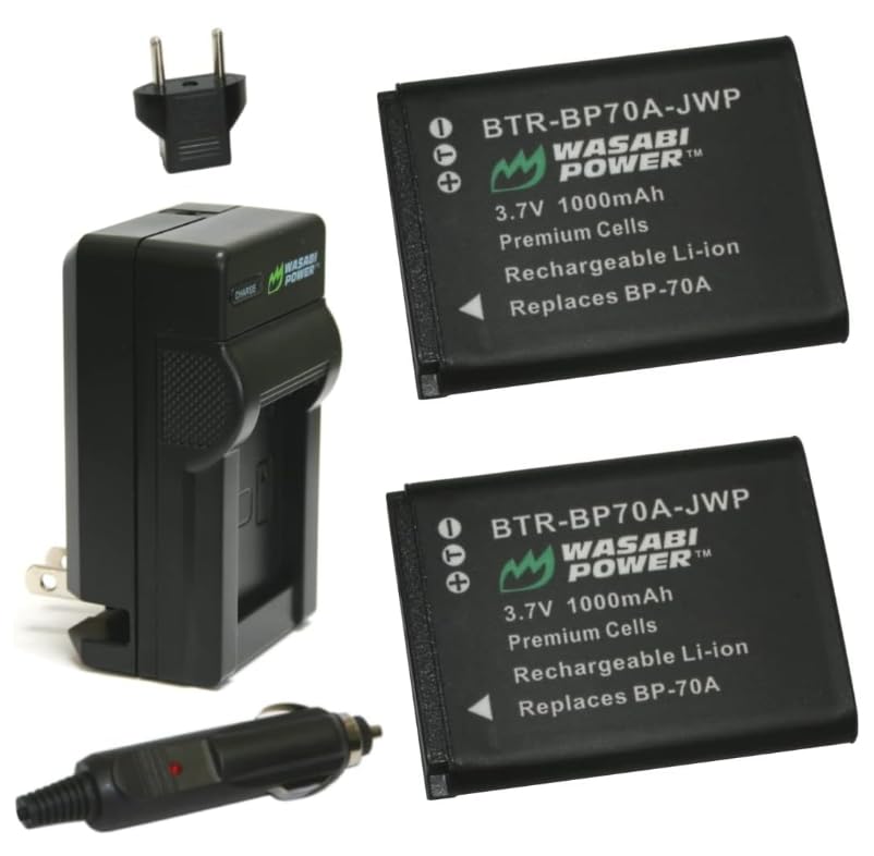 Wasabi Power Battery (2-Pack) and Charger for Samsung BP70A, EA-BP70A and Samsung AQ100, DV150F, ES65, ES67, ES70, ES71, ES73, ES74, ES75, ES80, MV800, PL20, PL80, PL90, PL100, PL101, PL120, PL170, PL200, PL201, SL50, SL600, SL605, SL630, ST30, ST60, ST61, ST65, ST66, ST67, ST70, ST71, ST72, ST76, ST80, ST90, ST93, ST95, ST100, ST150F, ST700, ST6500, TL105, TL110, TL205, WB30F, WB35F, WB50F, WP10