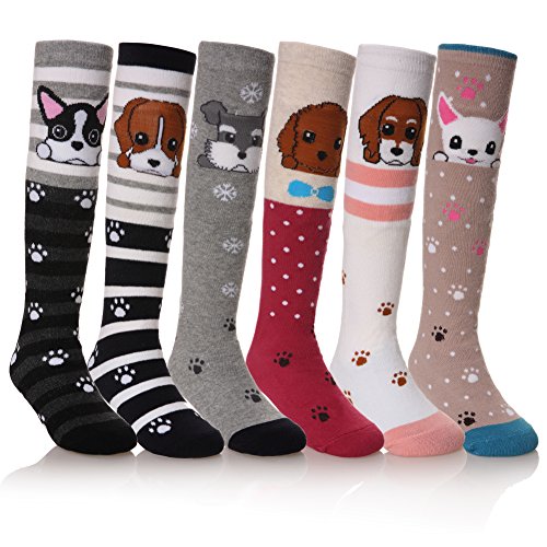 FNOVCO Girls Knee High Socks Cartoon Animal Patterns Cotton Over Calf Socks (6 Pairs Dog)