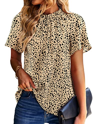 Amoretu Womens Summer Pleated Neck Blouse Short Sleeve Tops Shirts, Khaki XL