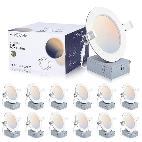 POWERASIA 12 Pack 4 Inch Ultra-Thin LED Recessed Ceiling Light with Junction Box, 5CCT Dimmable 2700K/3000K/4000K/5000K/6000K, 9W 700lm Can Killer Downlight-ETL and Energy Star Certified