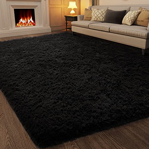 Ophanie Area Rugs for Bedroom Living Room, 4x6 Black Fluffy Fuzzy Shag Shaggy Carpet Soft Plush Furry Bedside Rug, Indoor Floor Rug for Kids Girls Boys Home Decor Aesthetic, Dorm Nursery