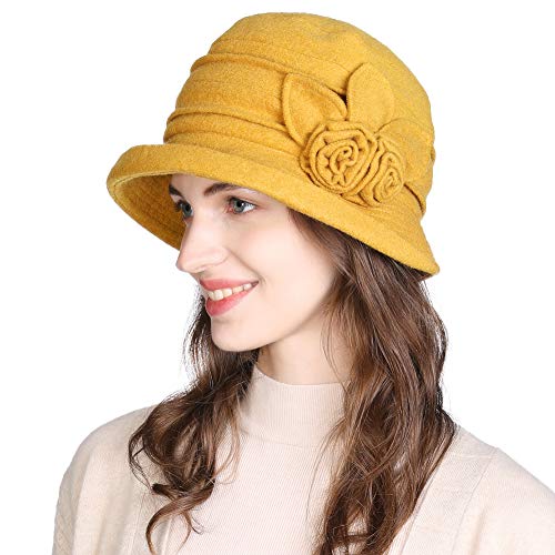 Comhats Womens Vintage Wool Felt Cloche Bucket Hat Winter Packable 1920s Fedora Bowler Church Derby Party Medium Yellow