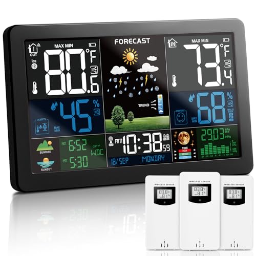 KALEVOL Weather Station Wireless Indoor Outdoor Thermometer with 3 Remote Sensors and Color Display Atomic Clock, Weather Thermometer Forecast Station with Sunrise Sunset Time and Tide Level