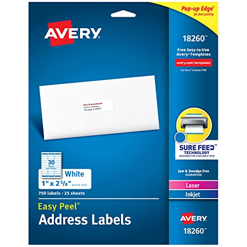 Avery Easy Peel Printable Address Labels with Sure Feed, 1' x 2-5/8', White, 750 Blank Mailing Labels (18260)
