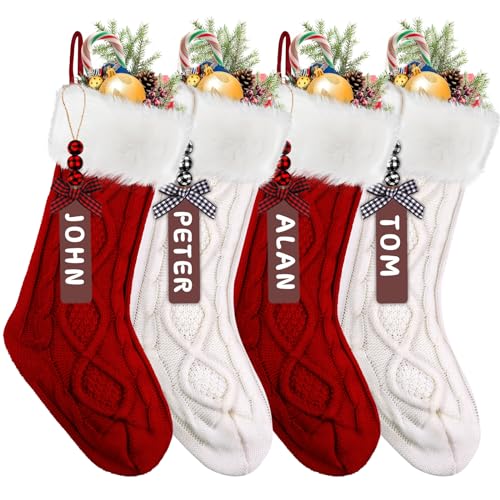 XIMISHOP 4PACK Christmas Stockings,18Inches Large Cable Knitted Stocking Personalized Xmas Hanging Stocking Decorations with Name Tags for Holiday Christmas Party Family Decor(Red White)