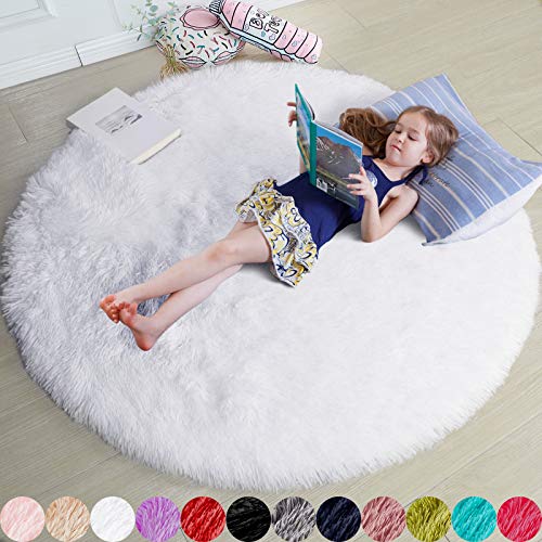 Amdrebio White Round Rug for Bedroom,Fluffy Circle Rug 4'X4' for Kids Room,Furry Carpet for Teen's Room,Circular Rug for Nursery Room,Fuzzy Plush Rug for Dorm,White Carpet,Cute Room Decor for Baby
