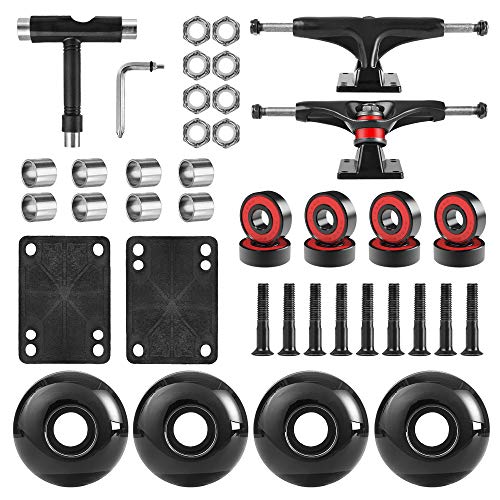 AXDT Skateboard Wheels Set,Include Skateboard Trucks, Skateboard Wheels 52mm, Skateboard Bearings, Skateboard Pads, Skateboard Hardware 1' (Black Truck & Black Wheel)