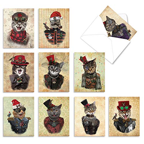 The Best Card Company Variety Pack of 10 Christmas Greeting Cards with Envelopes, Humor Holiday Assortment for Men and Women (10 Designs, 1 Each) - Christmas Steampunk Cats M6554XSG