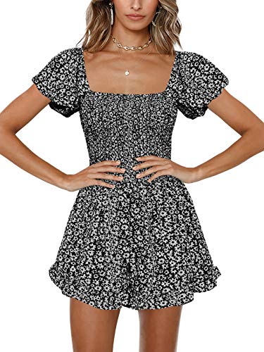 Jeanewpole1 Womens Floral Wide Leg Short Rompers Shirred Ruffle Sleeve Jumpsuit (Large, Black)