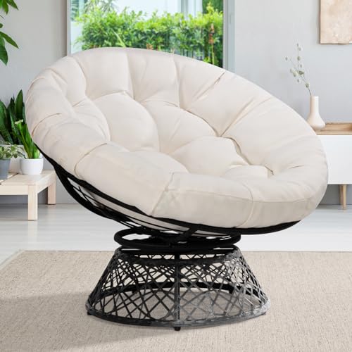 Bme Ergonomic Wicker Papasan Chair with Soft Thick Density Fabric Cushion, High Capacity Steel Frame, 360 Degree Swivel for Living, Bedroom, Reading Room, Lounge, Arctic Snow - Black Base