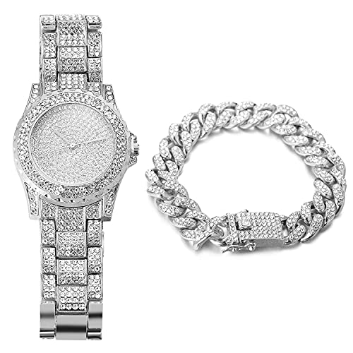 Halukakah Gold Watch Iced Out,Men's Platinum White Gold Plated Quartz Wristband 8.7'(22cm),with Cuban Link Chain 8'(20cm) Bracelet Set,Full Cz Diamonds,FREE Giftbox