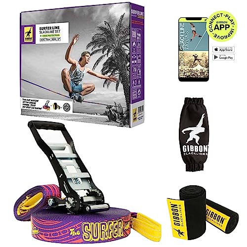 GIBBON Slacklines Surferline with treewear, Purple, 98ft(90ft line + 8ft Ratchet Strap with Reinforced Loop) incl. Ratchet Protection, Tree and line Protection (Black Felt) 50mm/2' Wide