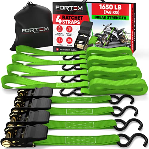 FORTEM Ratchet Straps, 1650lb Break Strength, 4 15ft Tie Down Strap Set, 4 Soft Loops, Motorcycle Straps Tie Downs, Cargo Straps for Trucks, Rubber Handles, Coated Metal Hooks, Carry Bag (Green)