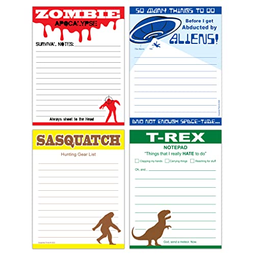 Funny Novelty Memo Pads Bundle (4 Items) T-Rex, Zombie, Aliens and Sasquatch - Fun Office Gag Gift for Friends and Coworkers