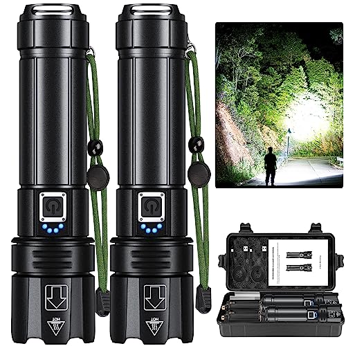 lemihui Rechargeable LED Flashlight High Lumens, 200000 Lumens Super Bright Powerful Flashlight, 5 Light Modes, IPX6 Waterproof Handheld Flash Light for Camping Hiking- 2 Pack