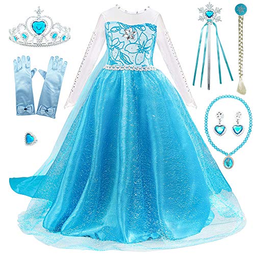 FUNPARTY Princess Dress Up for Little Girls with Wig,Crown,Mace,Gloves Accessories Age of 3-12 Years (Blue, 5-6Years)