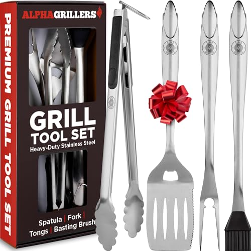 Alpha Grillers Grill Set Heavy Duty BBQ Accessories - BBQ Gifts Tool Set 4pc Grill Accessories with Spatula, Fork, Brush & BBQ Tongs - Grilling Cooking Gifts for Men Dad Durable, Stainless Steel