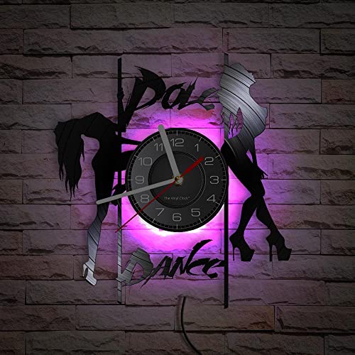 Timethink 12 Inch Pole Dance LED Wall Clock with 7 Luminous Modes, Silent Quartz Non Ticking Vintage Decorative Dancing Analog Vinyl Record Wall Clock for Dance Room Studio Bar Decor Dancers Gifts