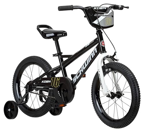 Schwinn Koen & Elm BMX Style Toddler and Kids Bike, For Girls and Boys, 16-Inch Wheels, With Saddle Handle, Training Wheels, Chain Guard, and Number Plate, Recommended Height 38-48 Inch, Black