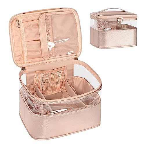OCHEAL Large Clear Makeup Bag, Travel Cosmetic Bags for Women Transparent Make Up Bag Organizer with Compartments Cosmetics Toiletries Makeup Case -Rose Gold