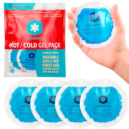 ICEWRAPS Round Hot and Cold Gel Ice Packs Reusable with Cloth Backing | Reusable Gel Ice Packs for Injuries | Hot Cold Compress for Toothache, Face and Breast and Surgery Pain Relief | Pack of 5
