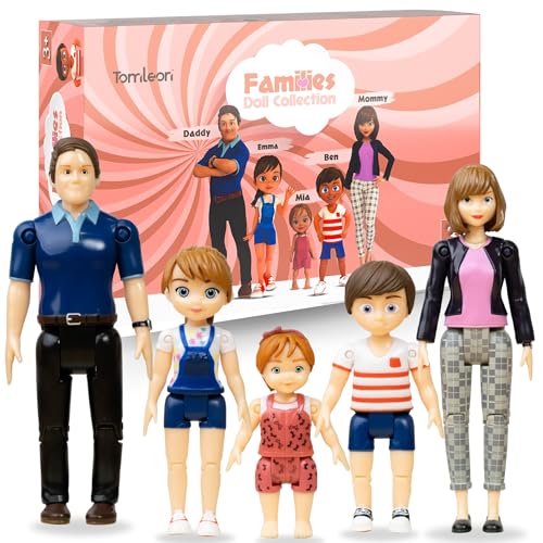 TOMLEON Dollhouse Dolls - Family Doll House People Set. 5 Poseable Action Figures Incl. Mom, Dad, Sister, Brother, Toddler. Compatible with All Dollhouses. Gift for Kids & Toddlers