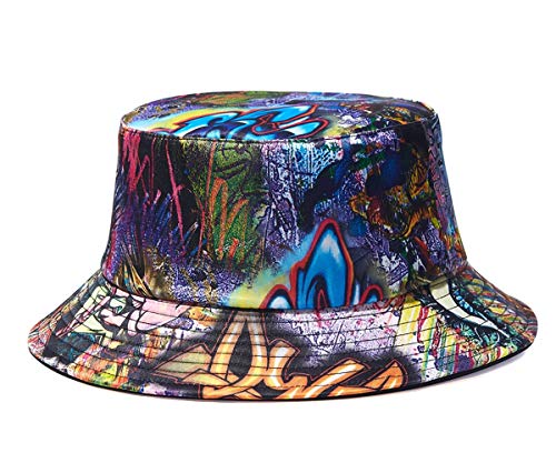 Reversible 3D Graffiti Printed Bucket Hat,Summer Beach Outdoor Cap Black Blue