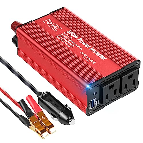 FOVAL 500W Power Inverter 12V DC to 110V AC Car Plug Adapter Outlet Converter with [65W PD USB-C] & [18W QC USB-A] Fast Charging Ports and 2 AC Outlets Car Power Inverters for Vehicles