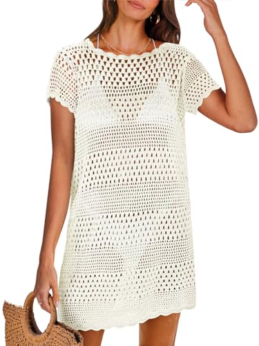 ANRABESS Women Swimsuit Crochet Swim Cover Up Summer Bathing Suit Swimwear Knit Short Sleeve Pullover 2024 Beach Dress White Medium