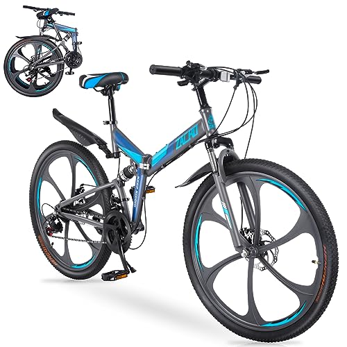 Zacro 26 Inch Folding Mountain Bike, Upgraded 24 Speed/Magnesium Alloy Wheels MTB Bicycle, Shock Absorbers High-Carbon Steel & Dual Disc Brake Bikes for Men/Women/Youth/Adults, Black Blue